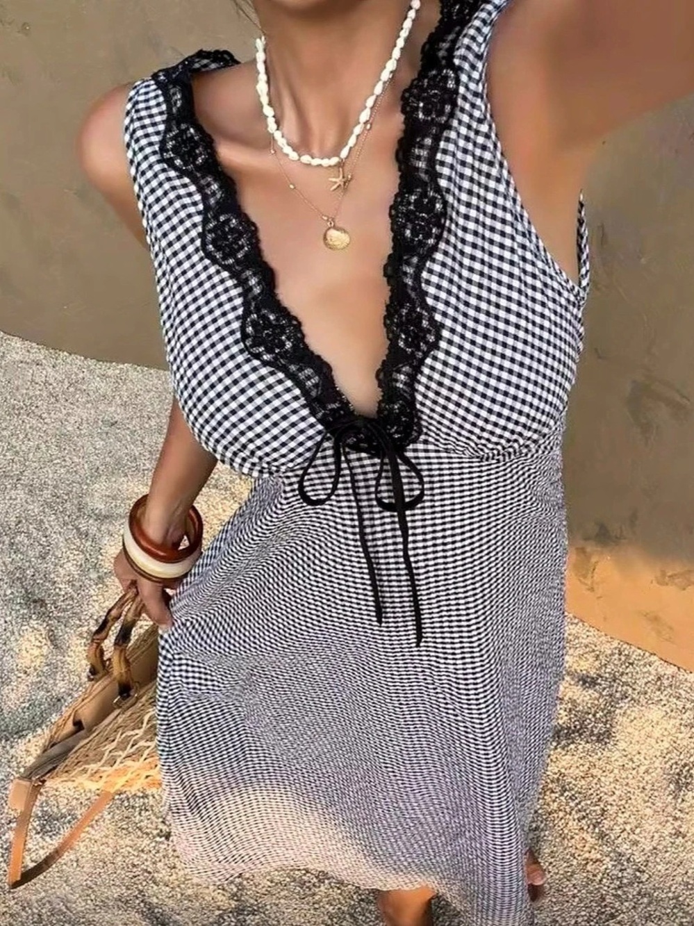 Gingham Lace Trim Maxi Dress in Black & White